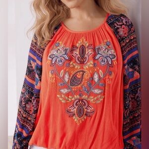 Soft Surroundings Blame Rio Coral Bohemian Embroidered Top
